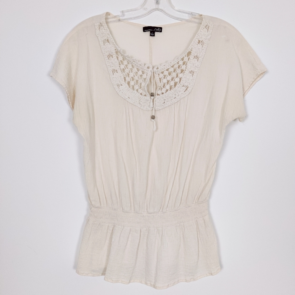 RXB Women's Cream Short Sleeve Peasant Top with Crochet Detail - Size S Bohemian